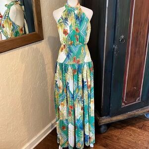 L’ATISTE Green Tropical Halter Accordion Pleated Shirred Waist Maxi Dress, S!